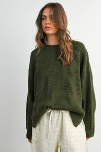 Everyday Essential Waffle Knit Sweater: Olive