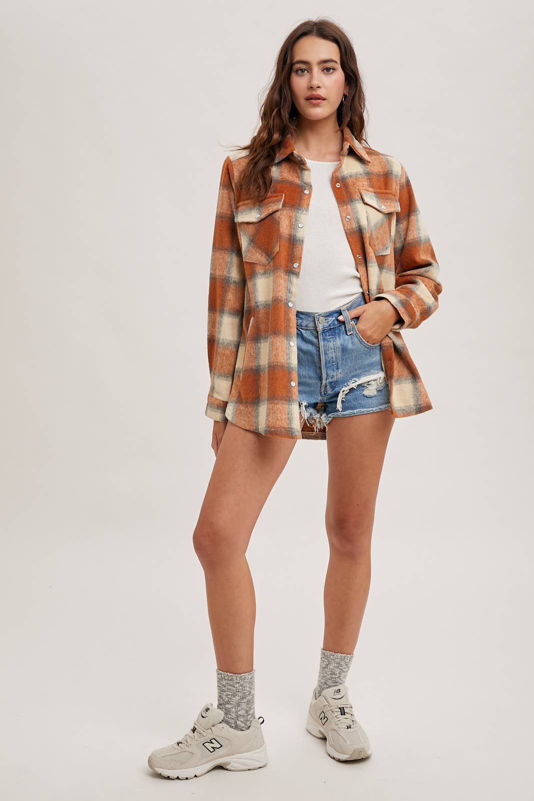 Dakota Plaid Flannel Shacket with Pockets – Brown Cream & Rust Ivory