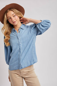 Elowen Denim Balloon Sleeve Button-Up Top