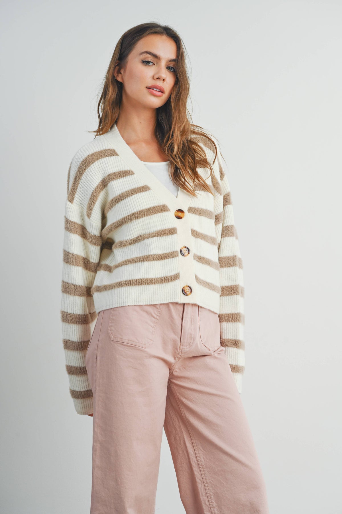 The Charlotte Striped Button Front Cardigan – Cozy Long Sleeve Cropped Knit Sweater