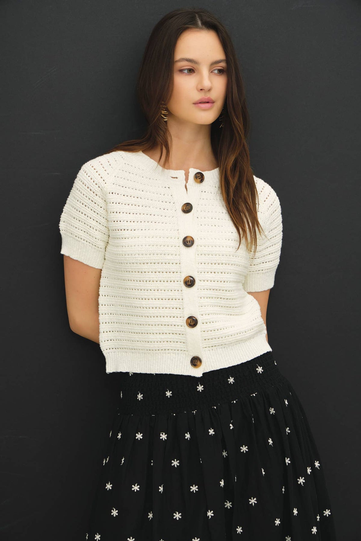 The Maisy Textured Knit Cardigan – Puff Sleeve Cropped Button Down Sweater