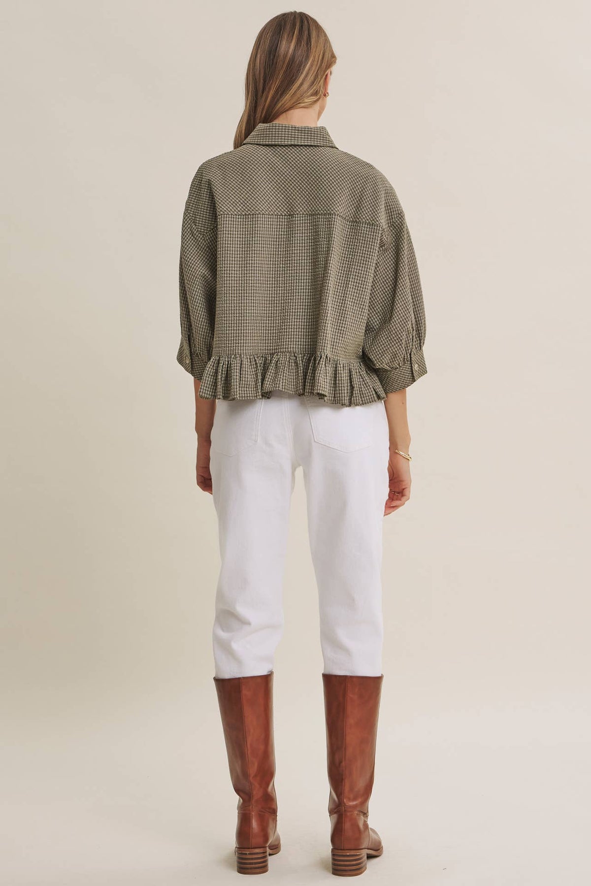MORNING OAT MICRO CHECK RUFFLE HEM BUTTON-DOWN SHIRT: VANILLA / S