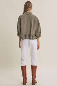 MORNING OAT MICRO CHECK RUFFLE HEM BUTTON-DOWN SHIRT: VANILLA / S