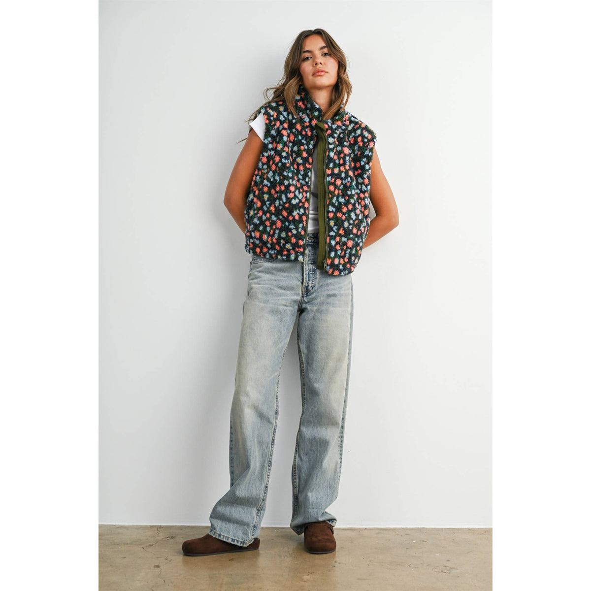 Wildflower Trail Fuzzy Vest: Olive/Multi