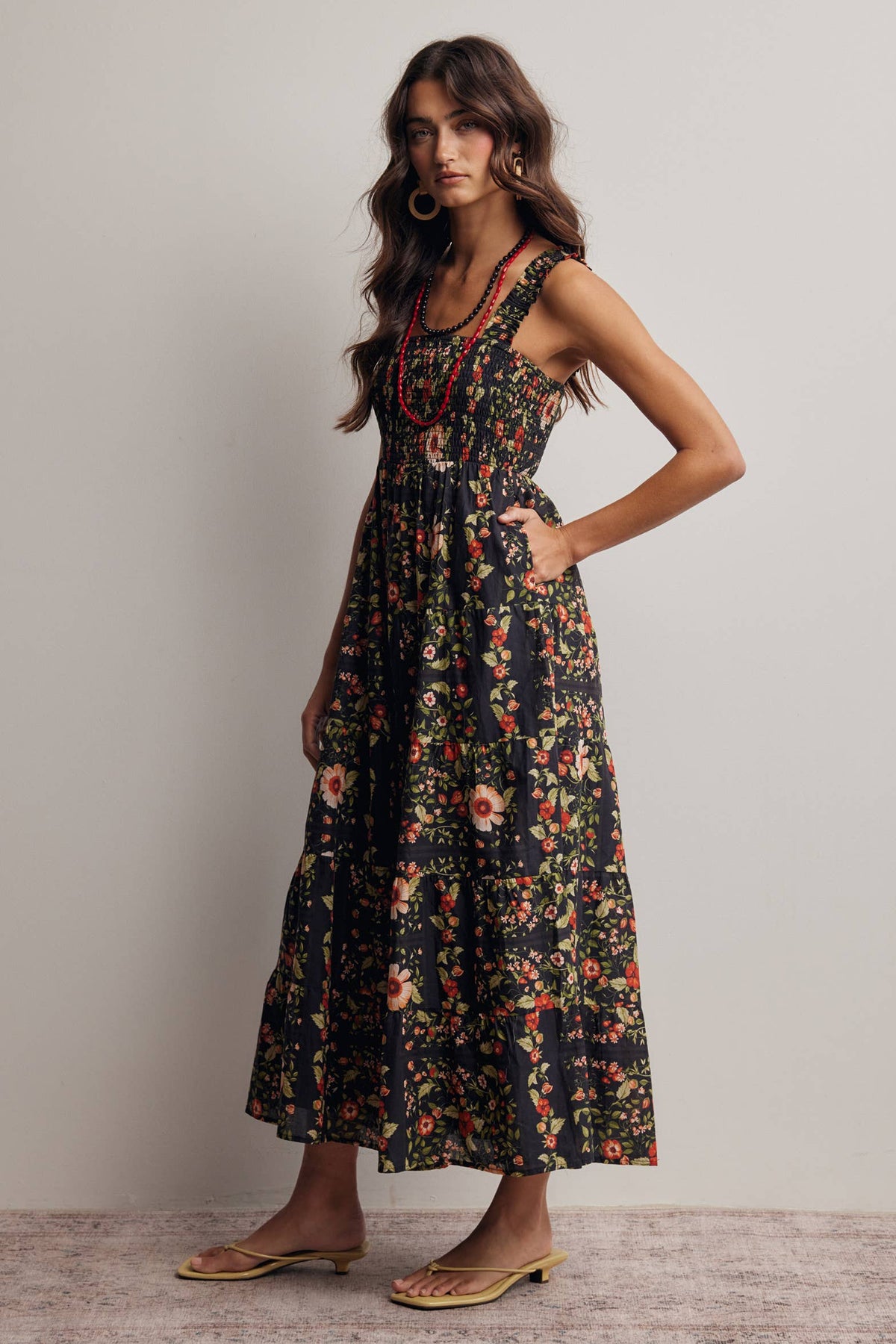 The Meadow Breeze Smocked Midi Dress: Black – Cotton Tiered Boho Dress with Pockets