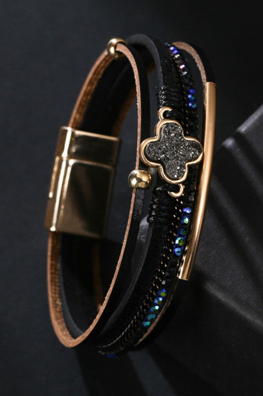 Multi Strand Leather Bracelet with Magnetic Clasp: Black