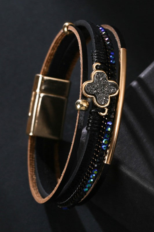 Multi Strand Leather Bracelet with Magnetic Clasp- Black