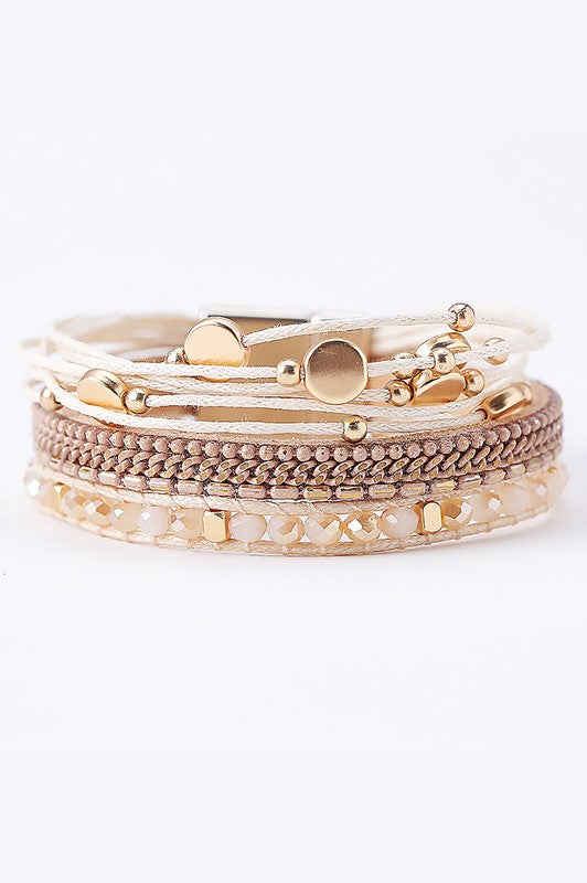 Multi Strand Leather Bracelet with Magnetic Clasp: Beige