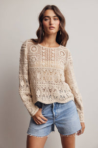 The Meadow Crochet Lace Long Sleeve Top: Ecru