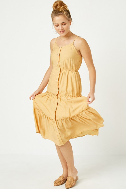 Alex Button Down Tiered Dress: Mustard