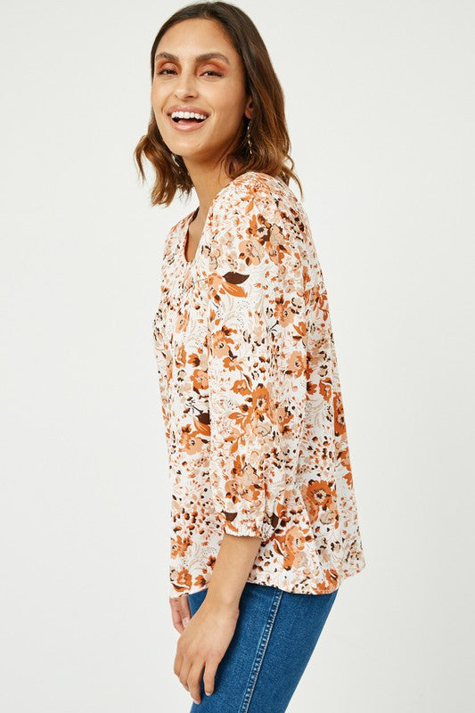 Beautiful Day Floral Square Neck Blouse: Rust