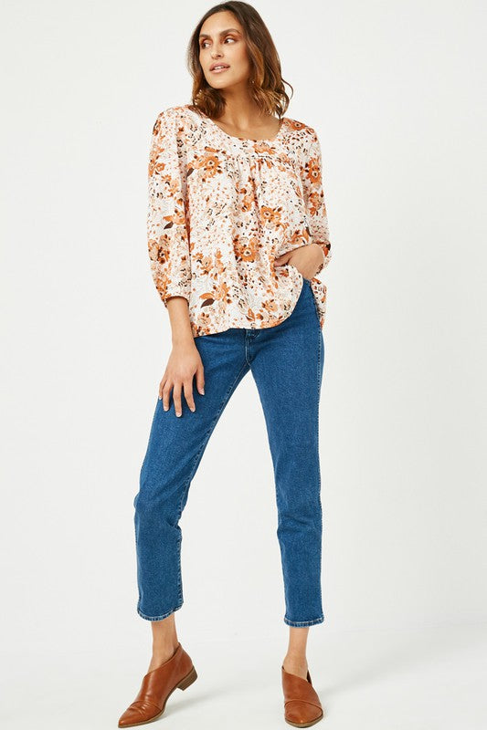 Beautiful Day Floral Square Neck Blouse: Rust