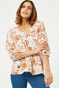 Beautiful Day Floral Square Neck Blouse: Rust