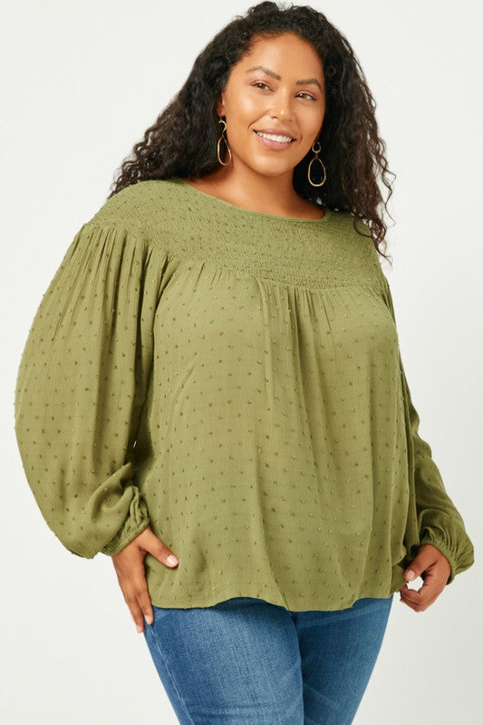 Yvonne Plus Smocked Upper Swiss Dot Long Sleeve Top: Olive