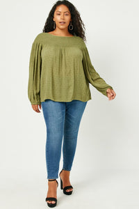 Yvonne Plus Smocked Upper Swiss Dot Long Sleeve Top: Olive