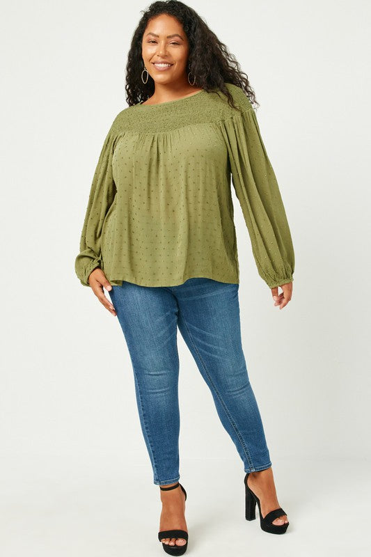 Yvonne Plus Smocked Upper Swiss Dot Long Sleeve Top: Olive