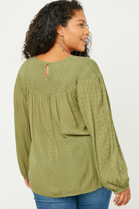 Yvonne Plus Smocked Upper Swiss Dot Long Sleeve Top: Olive