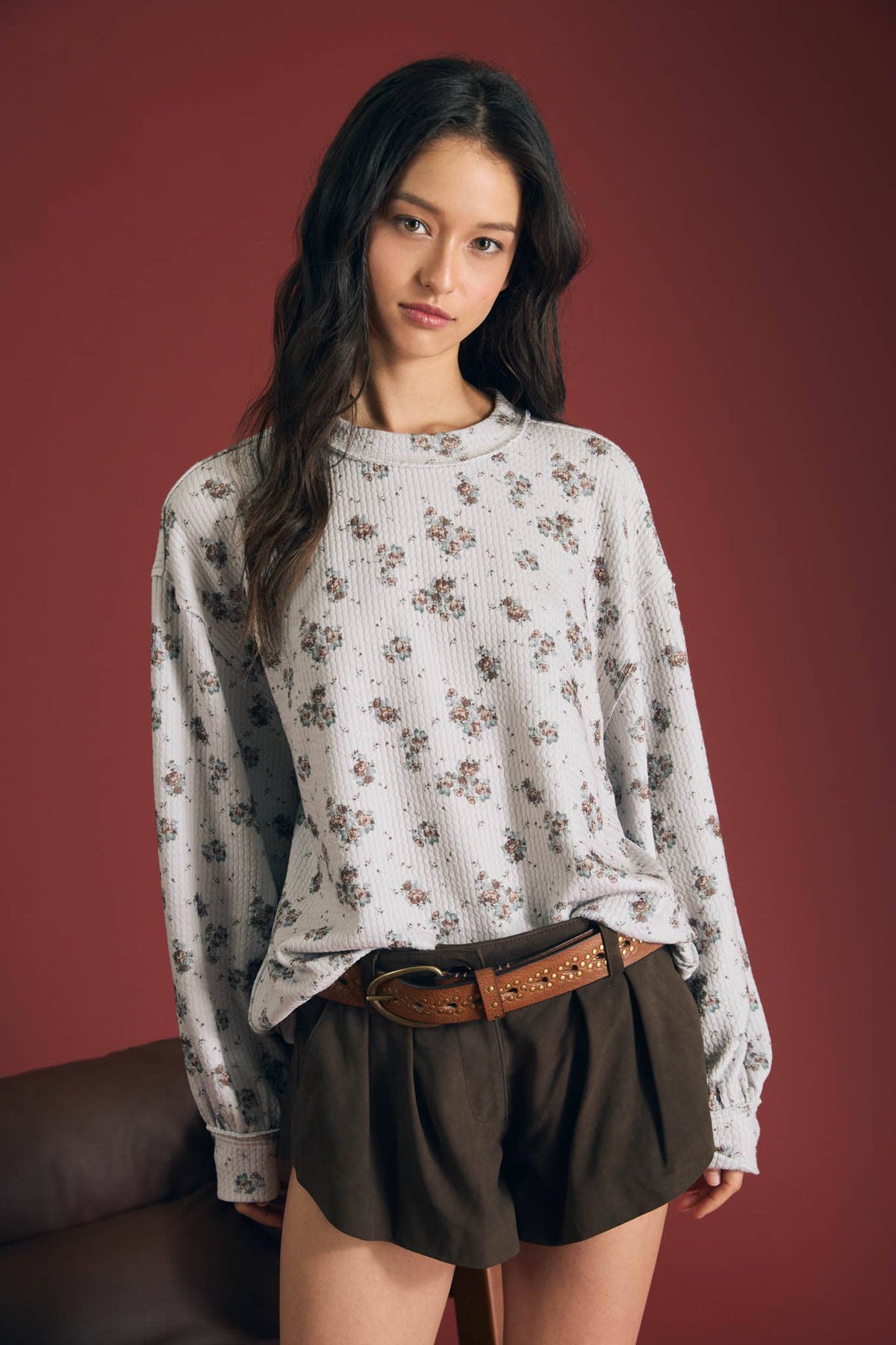 In Full Bloom Floral Knit Top: Light Grey/ Multi