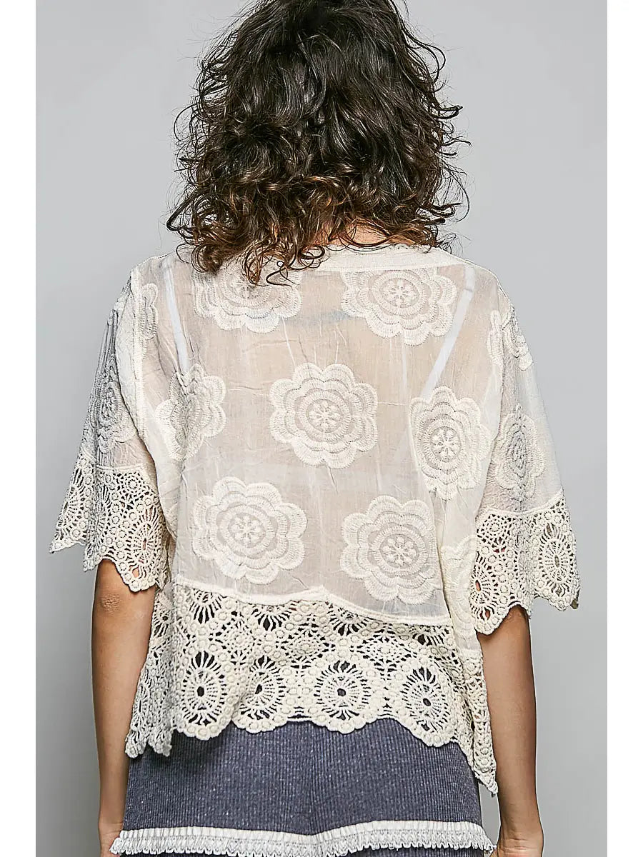 Selena Crochet Button-Front V-Neck Top