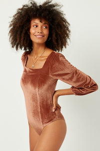 Maya Square Neck Velvet Bodysuit: Brown