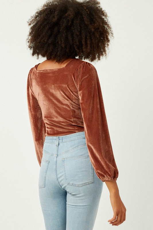 Maya Square Neck Velvet Bodysuit: Brown