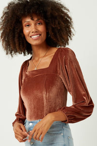 Maya Square Neck Velvet Bodysuit: Brown