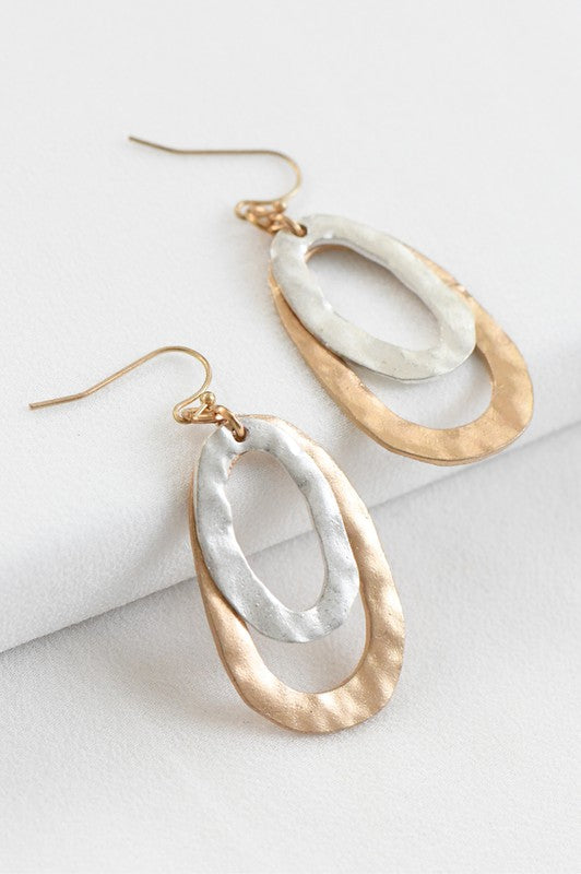 Mixed Metal Hammered Metal Oval Drop Earrings- Gold/Silver