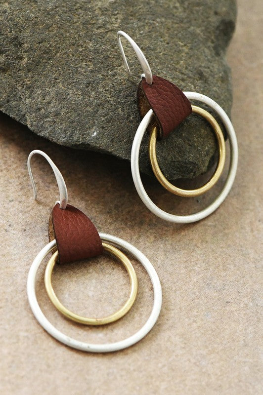Double Circle Drop Earrings with Leather Accent