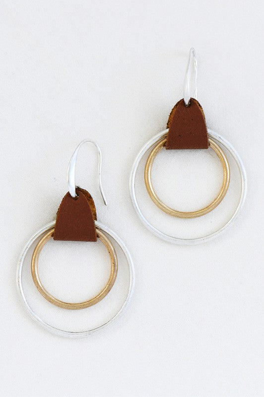 Double Circle Drop Earrings with Leather Accent