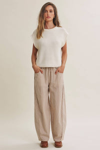 ALL ABOUT COMFORT ELASTIC STRIPE COTTON BARREL PANTS: DK. GREEN / L