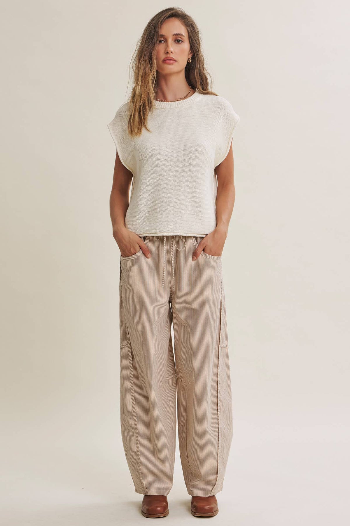 ALL ABOUT COMFORT ELASTIC STRIPE COTTON BARREL PANTS: DK. GREEN / M