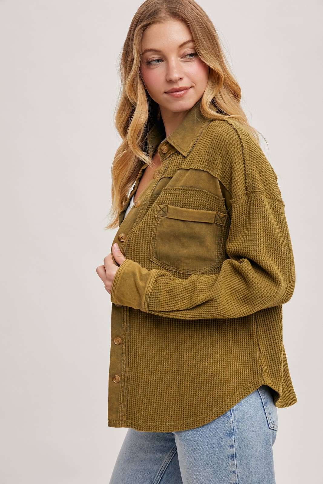 The Calla Thermal Contrast Shacket:Olive – Textured Button-Down Layer | Northern Belle Boutique