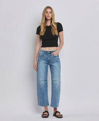 Vervet By FLying Monkey "Katie"  Barrel Leg Jeans – Cropped Seam Detail Denim