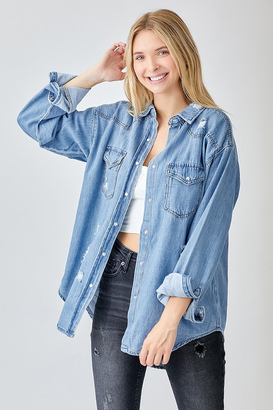 Risen Trendy Plus Size Oversized Denim Shirt – Medium Wash