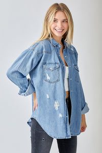 Risen Trendy Plus Size Oversized Denim Shirt – Medium Wash