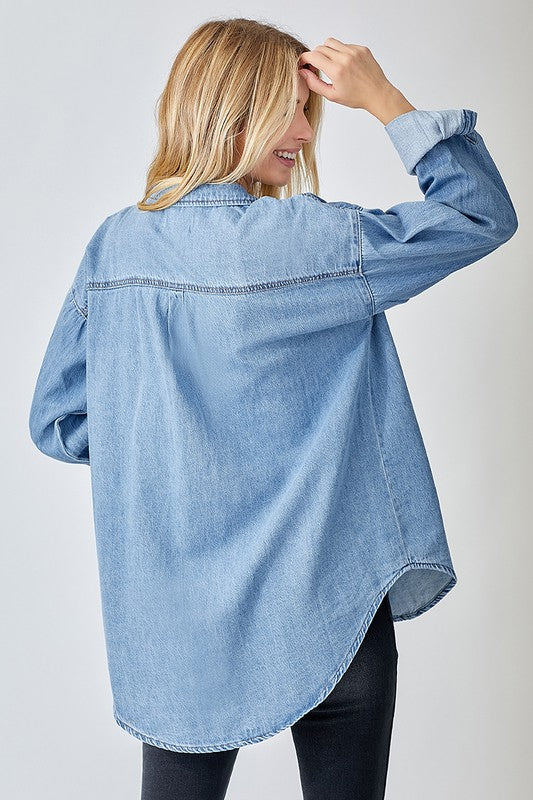 Risen Trendy Plus Size Oversized Denim Shirt – Medium Wash