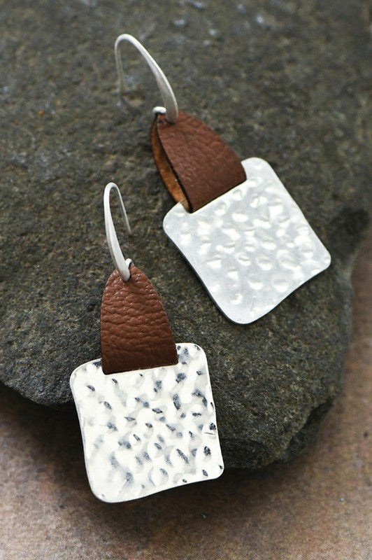 Austin Hammered Metal Earrings with Leather Accent- Silver