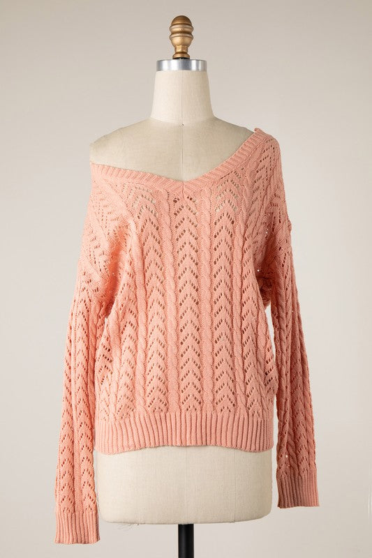 Berkley Reversible Twist Detail Crochet Knit Sweater- Perfect Pink