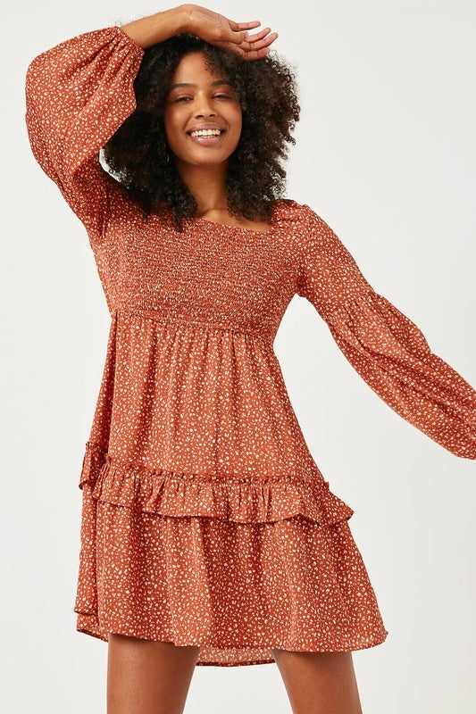 Allie Womens Smocked Bodice Puff Sleeve Ruffled Dress: Rust