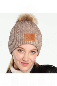 C.C Double Braided Beanie with Faux Fur Pom – Warm Winter Hat with Leather Patch