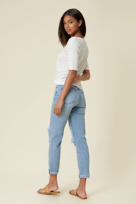 Millie High Rise Distressed Mom Jean: Light Stone Wash