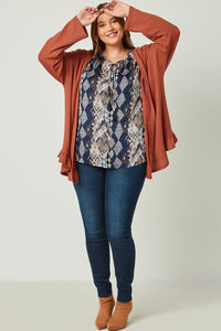 Anika Plus Size Ruffle Hem Raw Edge Detail Waffle Knit Cardigan: Rust