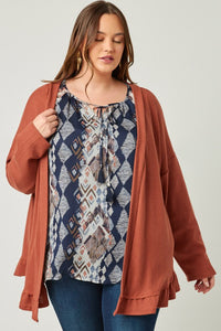 Anika Plus Size Ruffle Hem Raw Edge Detail Waffle Knit Cardigan: Rust