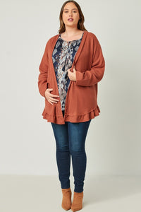 Anika Plus Size Ruffle Hem Raw Edge Detail Waffle Knit Cardigan: Rust