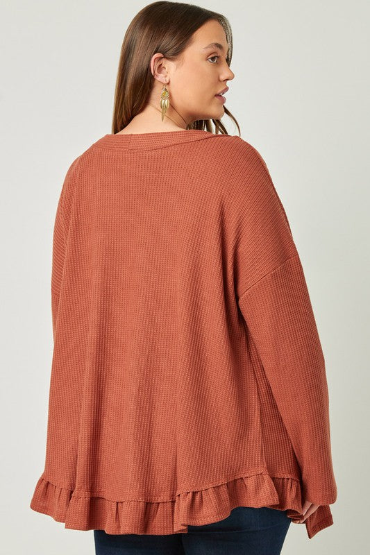 Anika Plus Size Ruffle Hem Raw Edge Detail Waffle Knit Cardigan: Rust