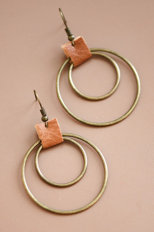 Double Circle Drop Earrings with Leather Accent
