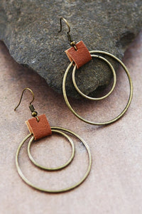 Double Circle Drop Earrings with Leather Accent