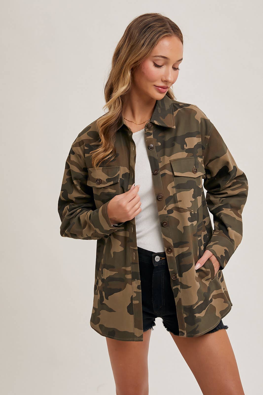 Andie Button Down Camo Shacket: Army