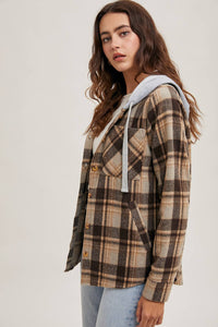 Rowan Hooded Plaid Flannel Shacket – Mocha & Taupe Button-Front Jacket