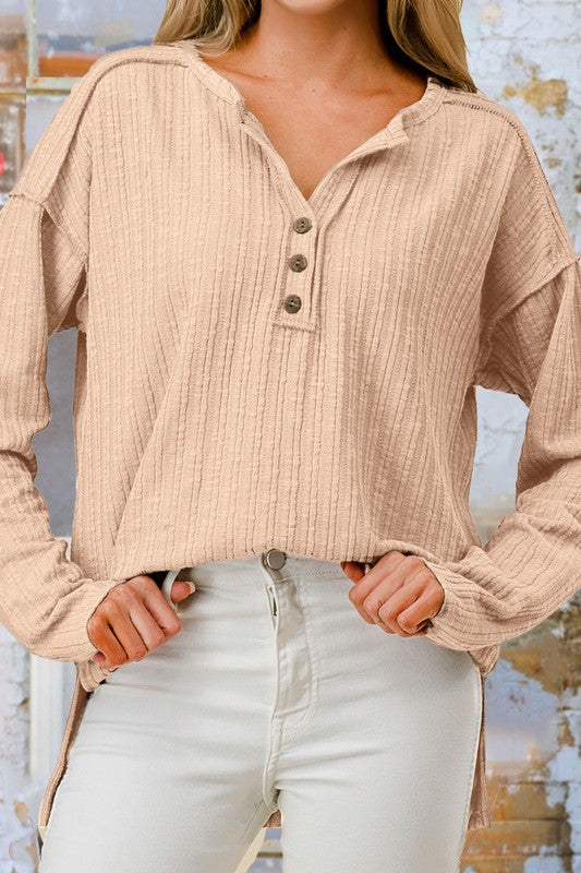 Marlowe Button Front High Low Long Sleeve Top: Oatmeal